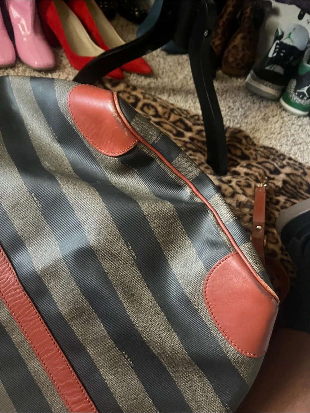 Fendi Olive and Black Striped Hobo with Brown Leather Trim